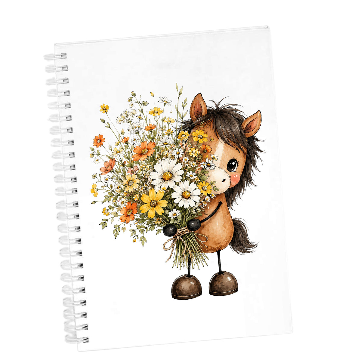 Brown Horse Holding Wildflower Bouquet UV DTF sticker applied to the cover of a white spiral journal