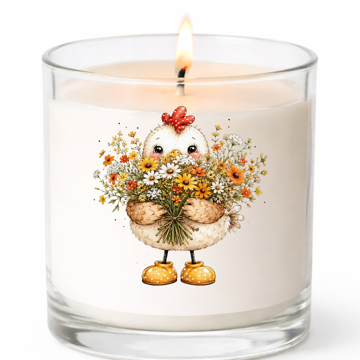 Chicken Holding Wildflower Bouquet UV DTF sticker applied to a white candle in a clear glass jar