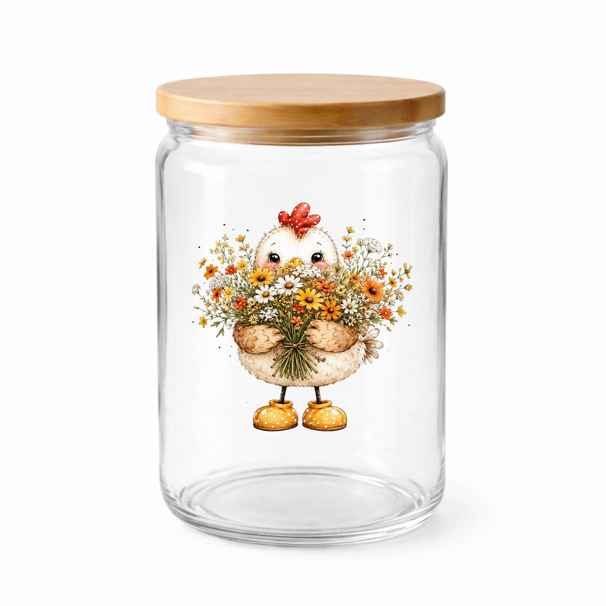 Chicken Holding Wildflower Bouquet UV DTF sticker applied to a clear glass jar with a wooden lid