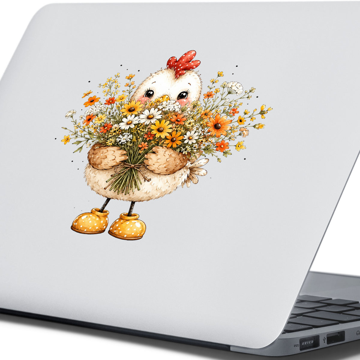 Chicken Holding Wildflower Bouquet UV DTF sticker applied to the lid of a silver laptop