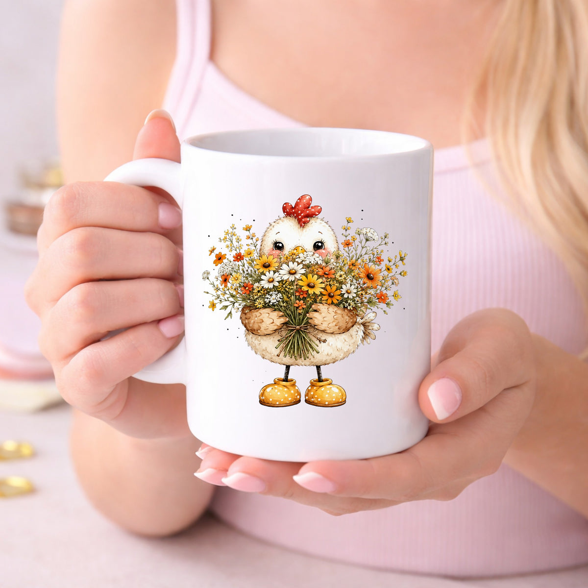 Chicken Holding Wildflower Bouquet UV DTF sticker applied to a white coffee mug held in both hands