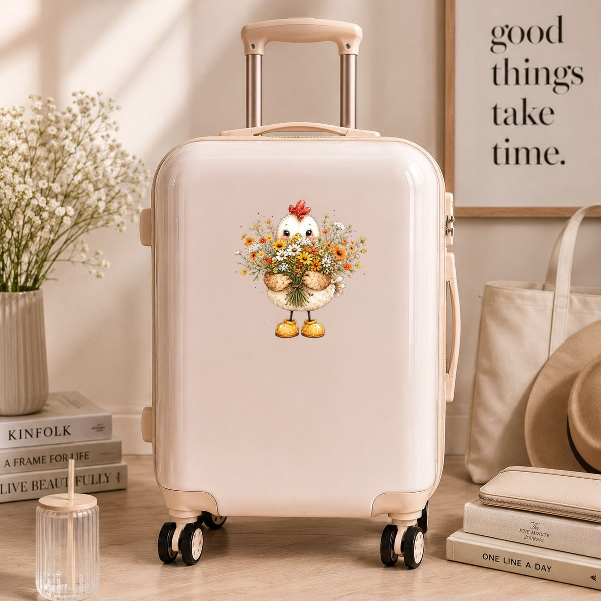Chicken Holding Wildflower Bouquet UV DTF sticker applied to a cream carry-on suitcase