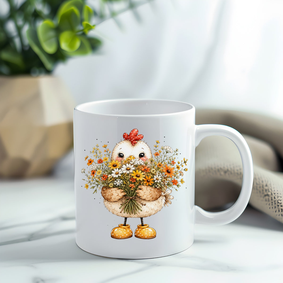 Chicken Holding Wildflower Bouquet UV DTF sticker applied to a white coffee mug