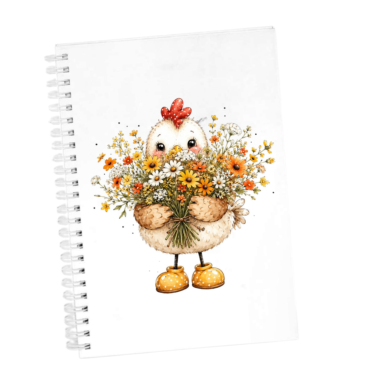 Chicken Holding Wildflower Bouquet UV DTF sticker applied to the cover of a white spiral journal