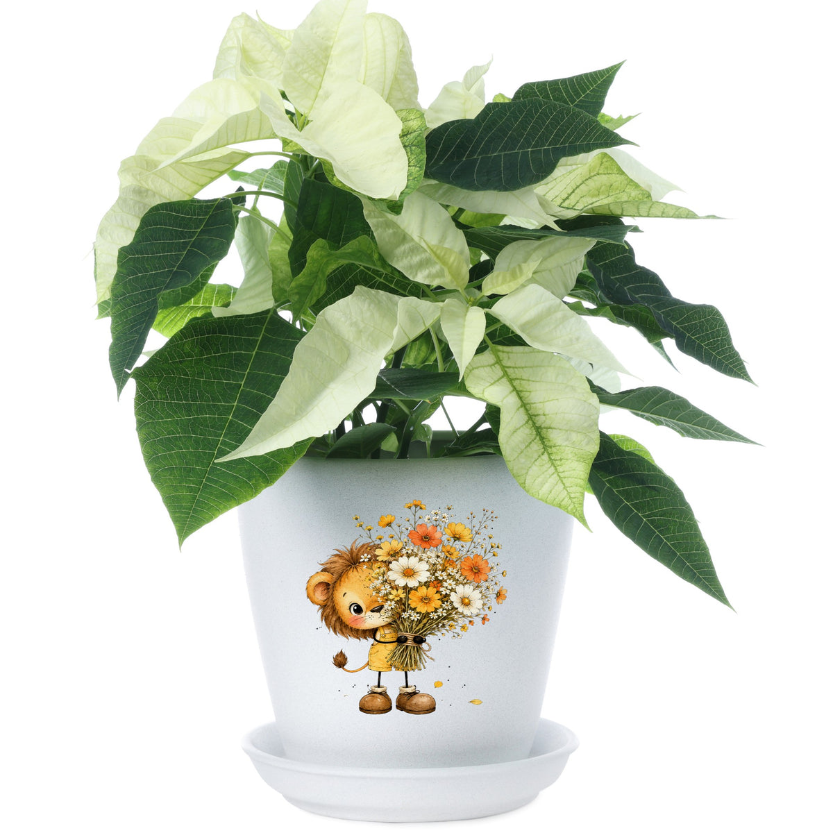 Baby Lion Holding Wildflower Bouquet UV DTF sticker applied to a white flower pot