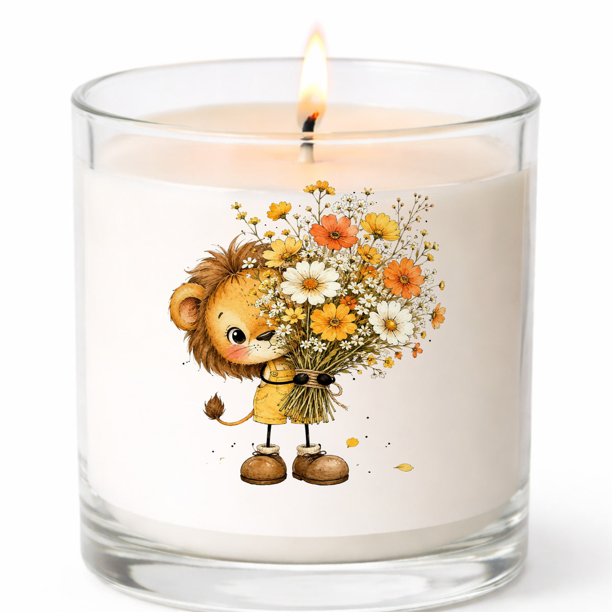 Baby Lion Holding Wildflower Bouquet UV DTF sticker applied to a white candle in a clear glass jar