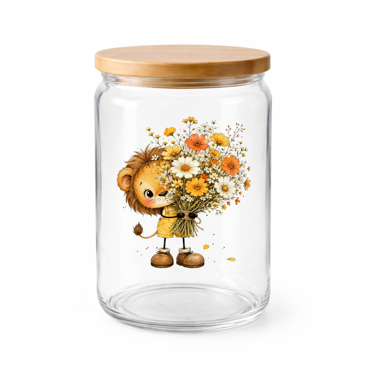 Baby Lion Holding Wildflower Bouquet UV DTF sticker applied to a clear glass jar with a wooden lid
