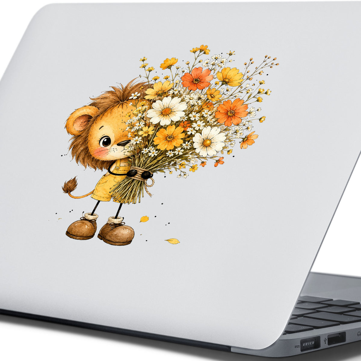 Baby Lion Holding Wildflower Bouquet UV DTF sticker applied to the lid of a silver laptop