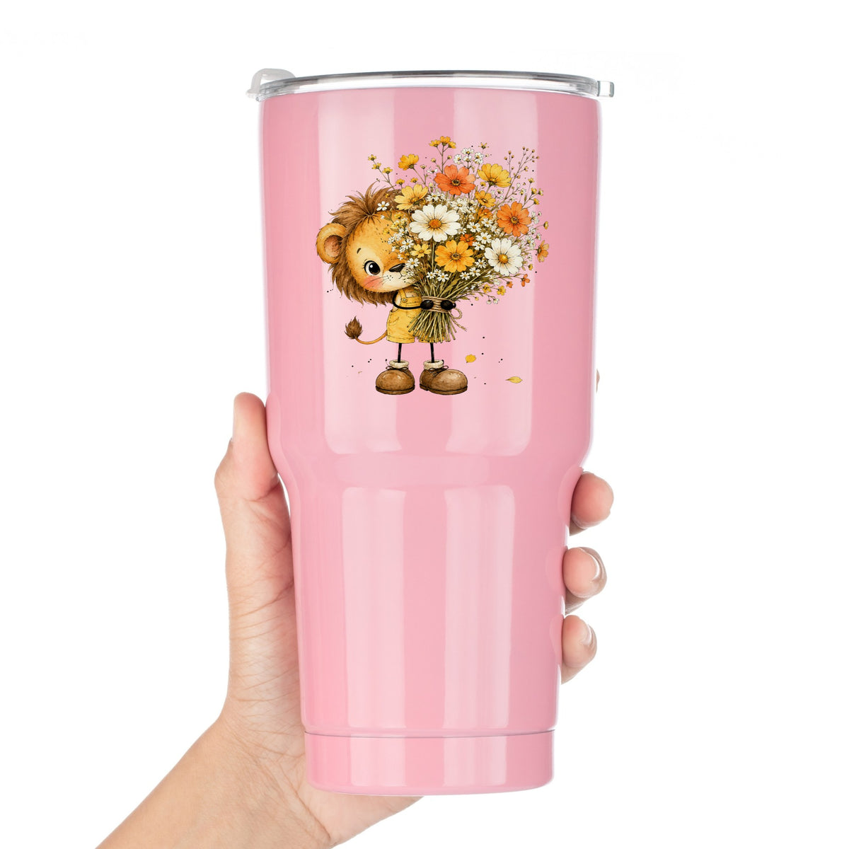 Baby Lion Holding Wildflower Bouquet UV DTF sticker applied to a pink tumbler held against a white background