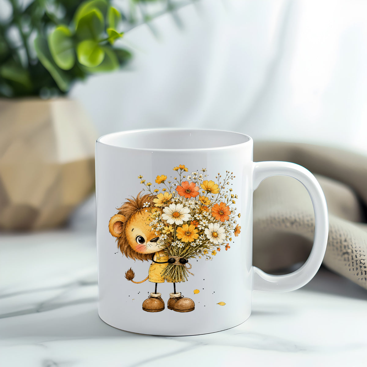 Baby Lion Holding Wildflower Bouquet UV DTF sticker applied to a white coffee mug
