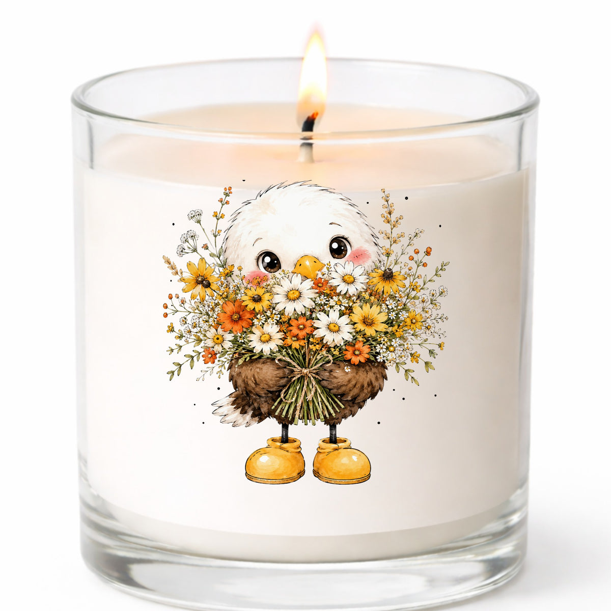 Baby Eagle Holding Daisy Bouquet UV DTF sticker applied to a white candle in a clear glass jar