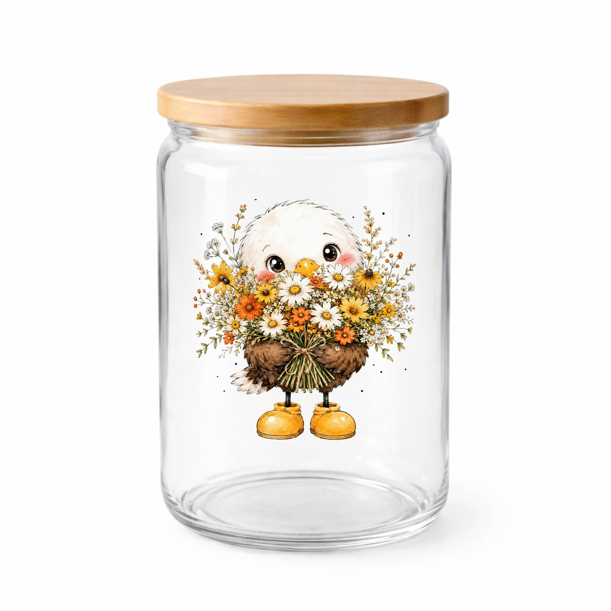 Baby Eagle Holding Daisy Bouquet UV DTF sticker applied to a clear glass jar with a wooden lid