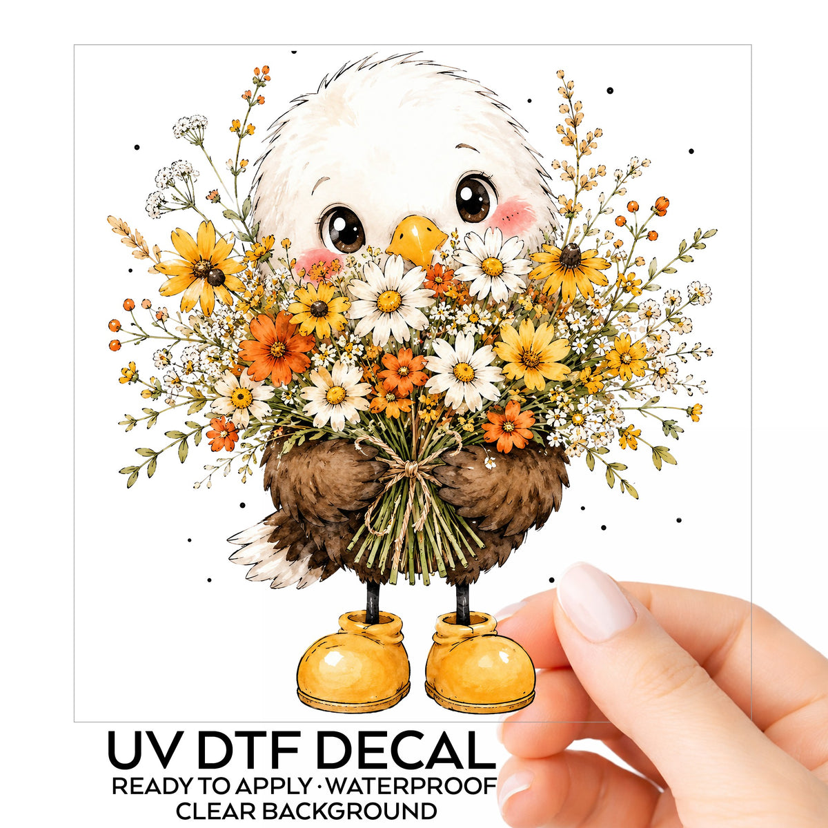 Baby Eagle Holding Daisy Bouquet UV DTF sticker on its backing card, held in hand