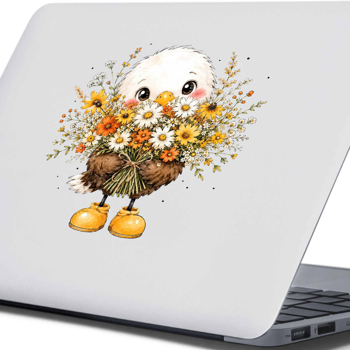 Baby Eagle Holding Daisy Bouquet UV DTF sticker applied to the lid of a silver laptop