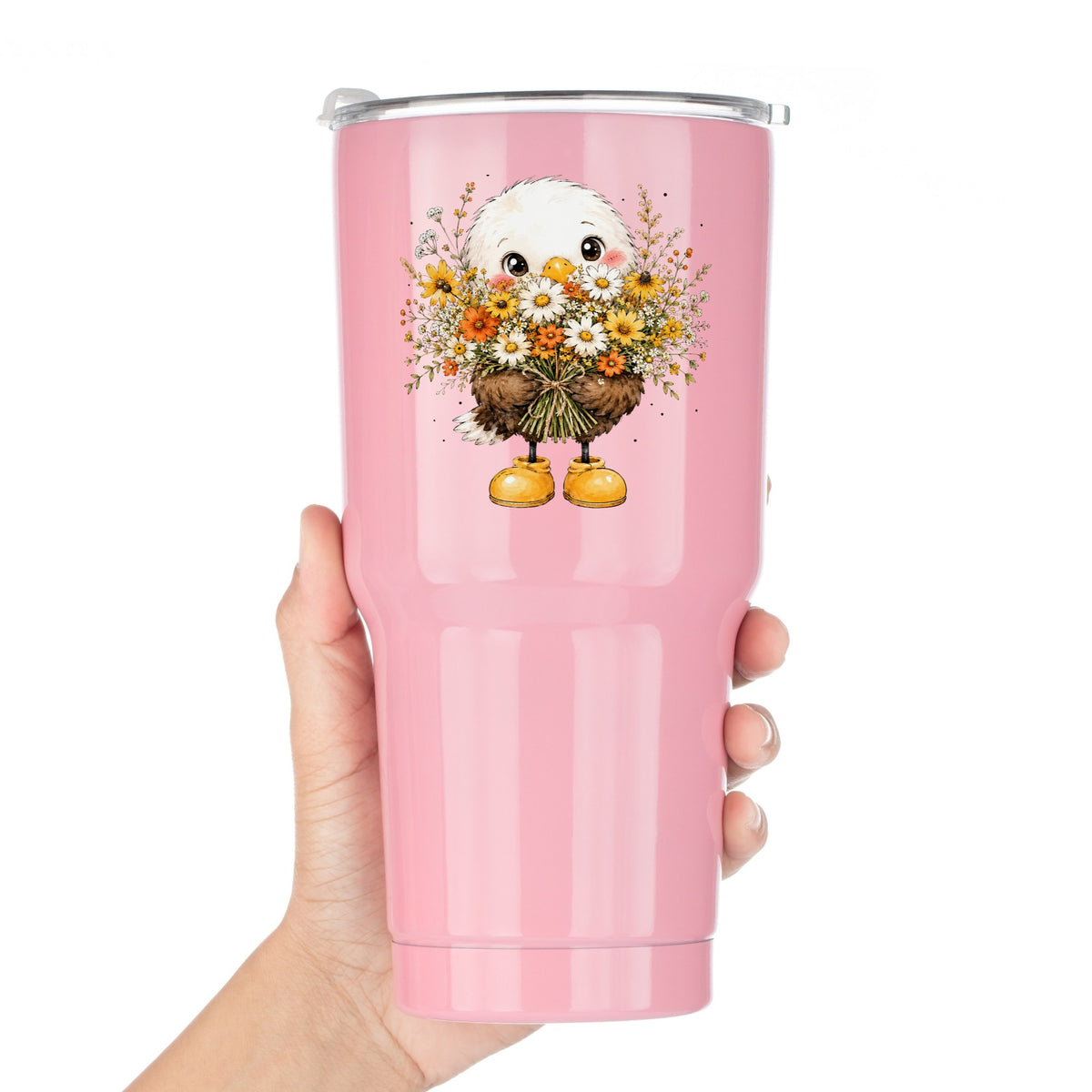 Baby Eagle Holding Daisy Bouquet UV DTF sticker applied to a pink tumbler held against a white background