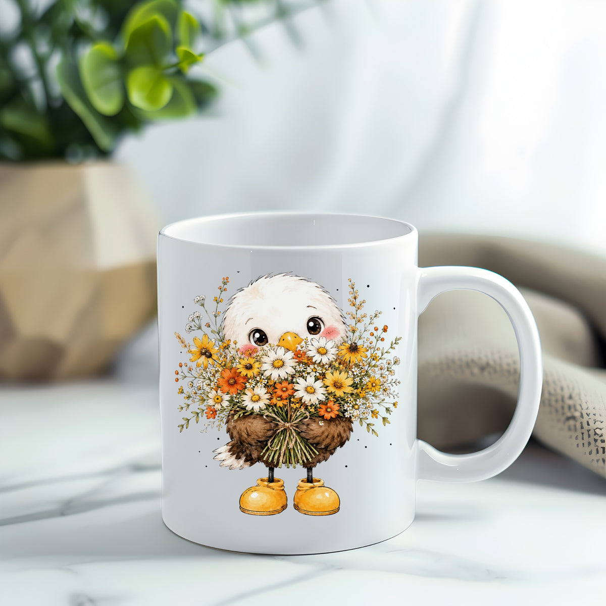 Baby Eagle Holding Daisy Bouquet UV DTF sticker applied to a white coffee mug