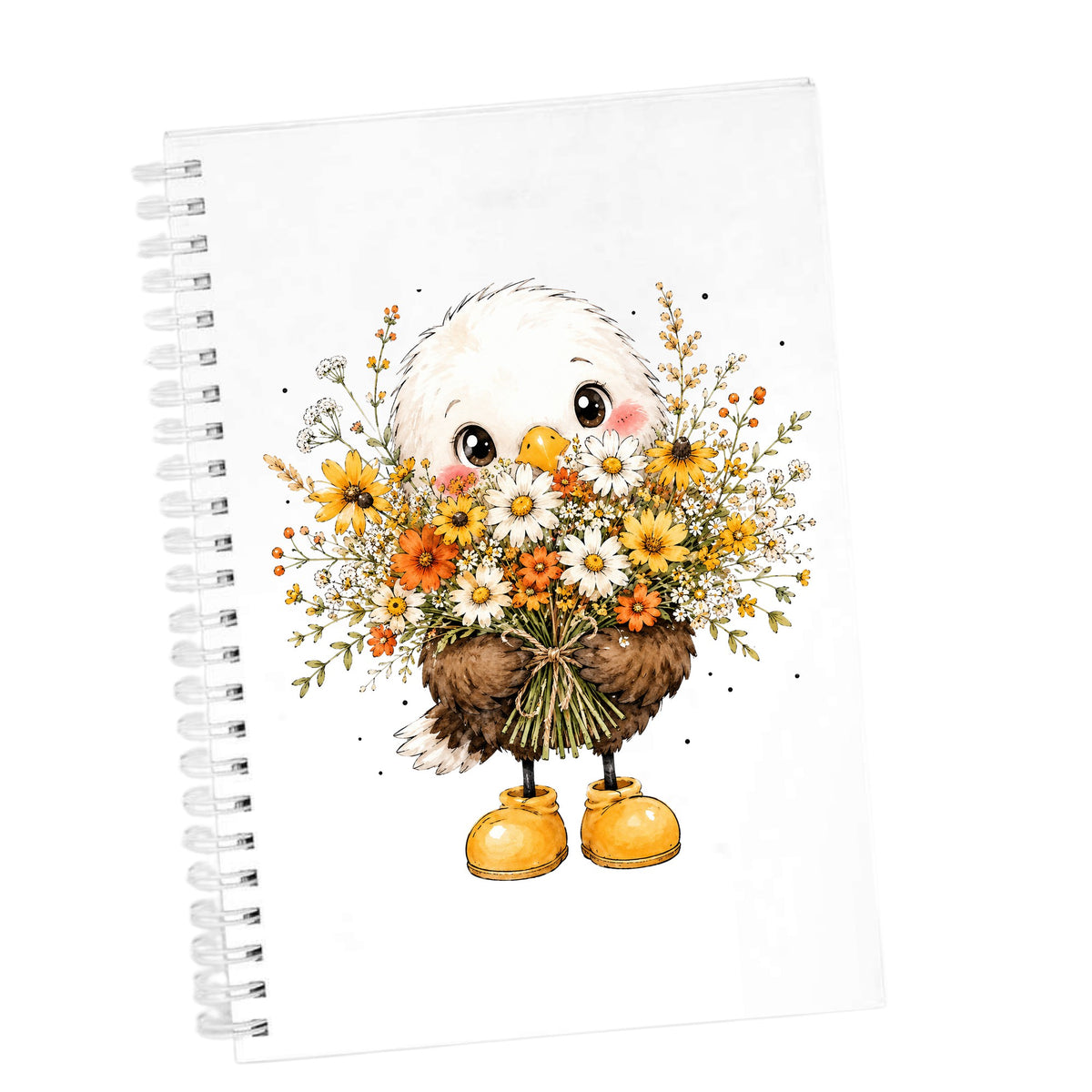 Baby Eagle Holding Daisy Bouquet UV DTF sticker applied to the cover of a white spiral journal