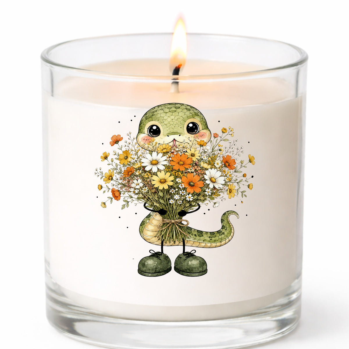 Green Snake Holding Wildflower Bouquet UV DTF sticker applied to a white candle in a clear glass jar