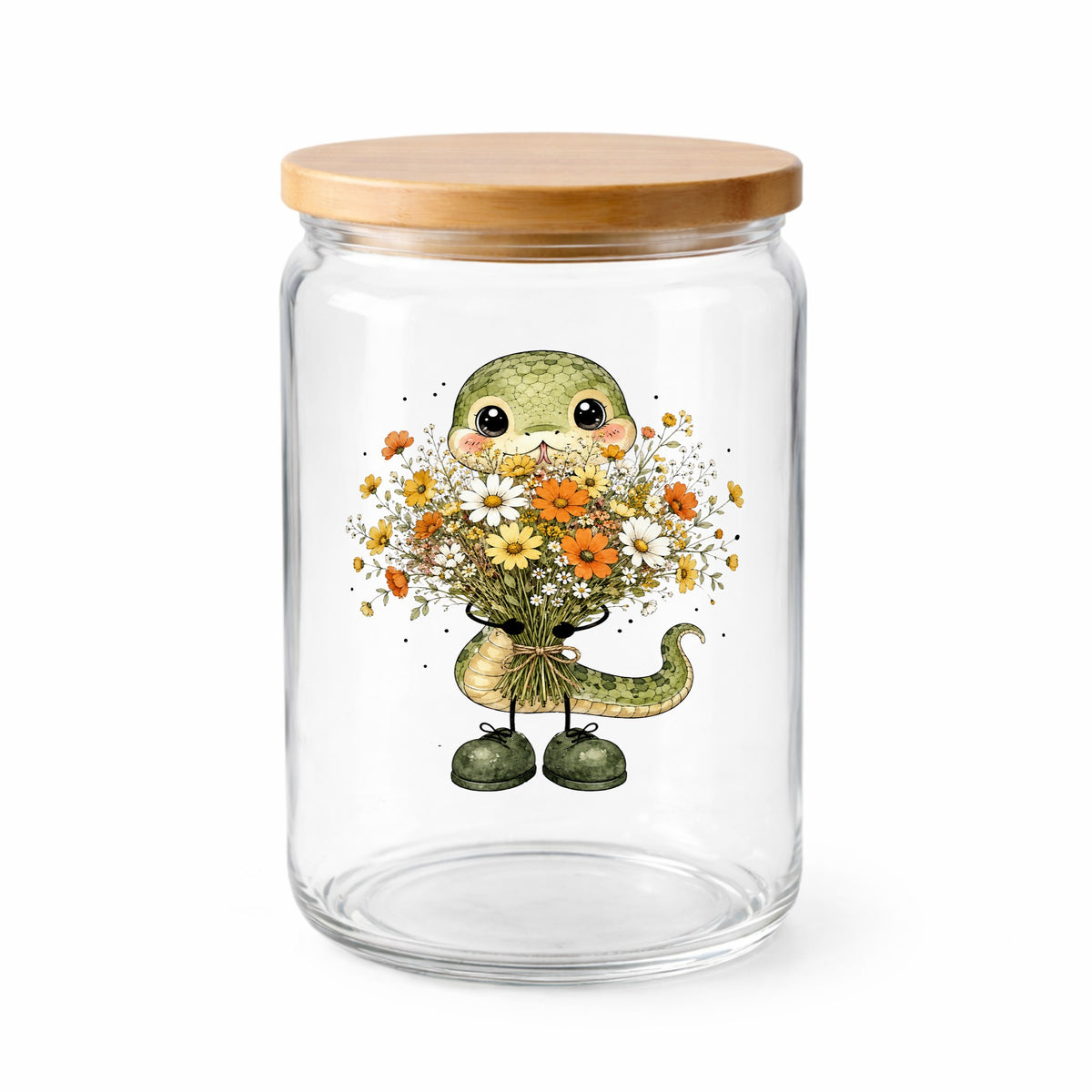 Green Snake Holding Wildflower Bouquet UV DTF sticker applied to a clear glass jar with a wooden lid