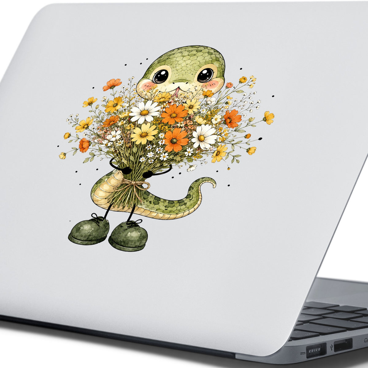 Green Snake Holding Wildflower Bouquet UV DTF sticker applied to the lid of a silver laptop