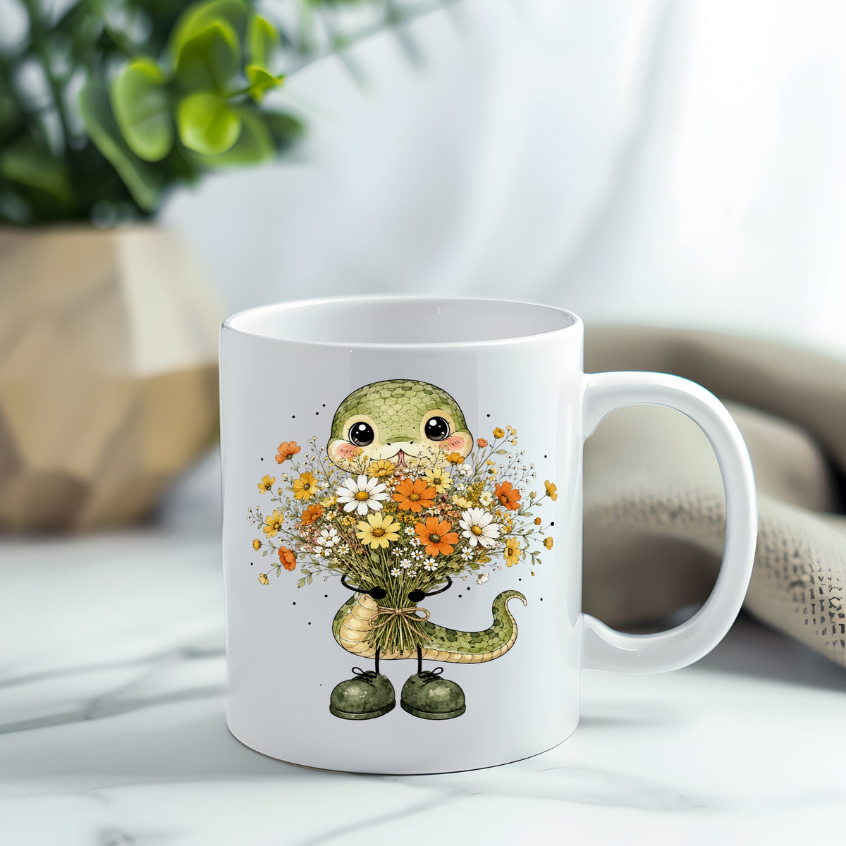 Green Snake Holding Wildflower Bouquet UV DTF sticker applied to a white coffee mug