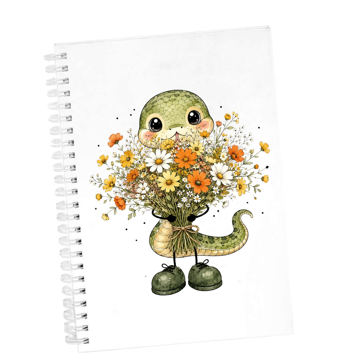 Green Snake Holding Wildflower Bouquet UV DTF sticker applied to the cover of a white spiral journal