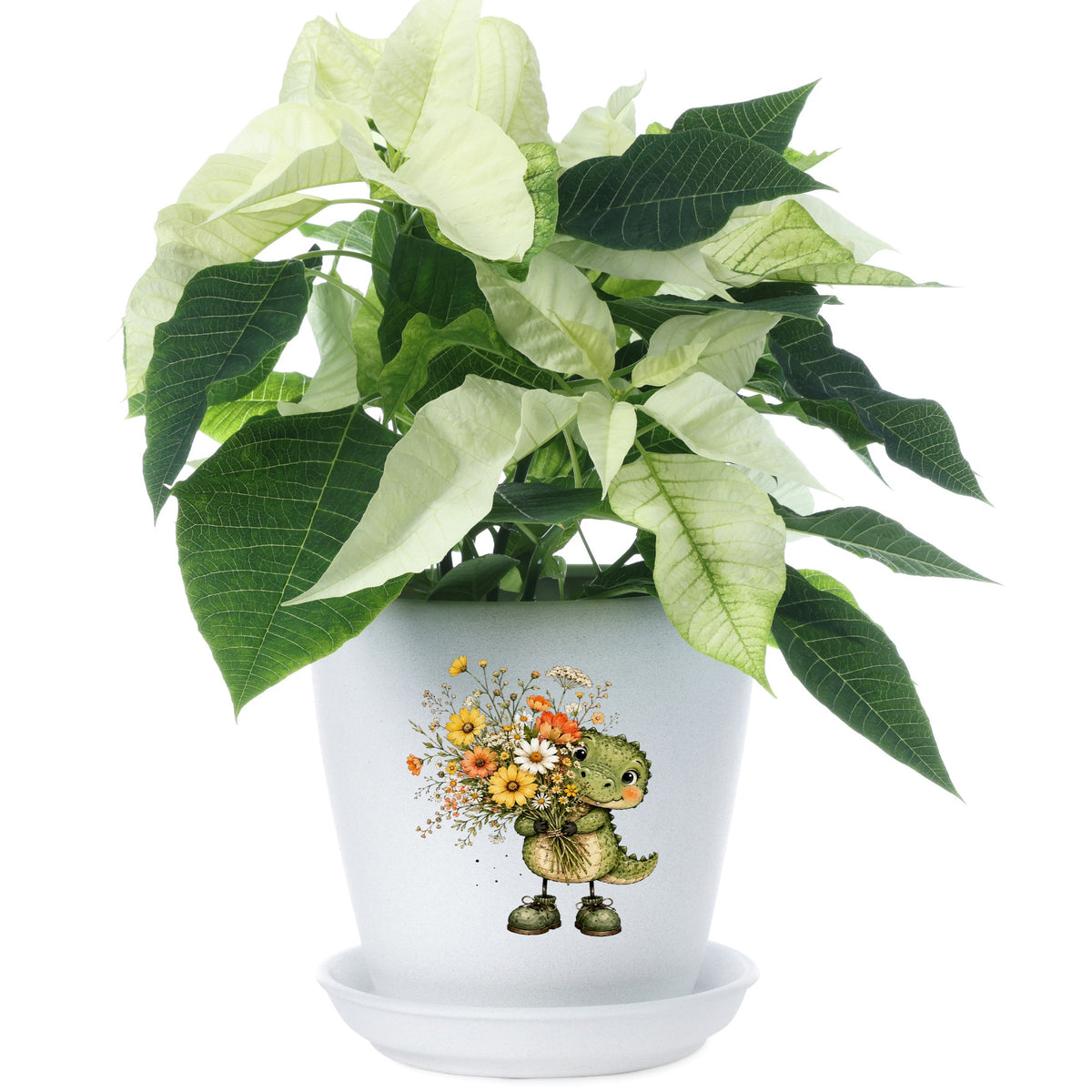 Baby Crocodile Holding Flower Bouquet UV DTF sticker applied to a white flower pot