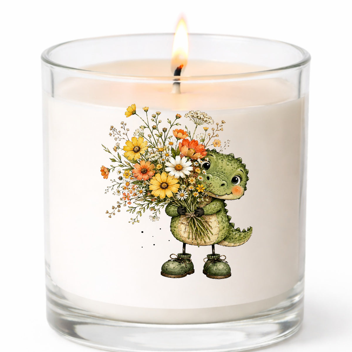 Baby Crocodile Holding Flower Bouquet UV DTF sticker applied to a white candle in a clear glass jar