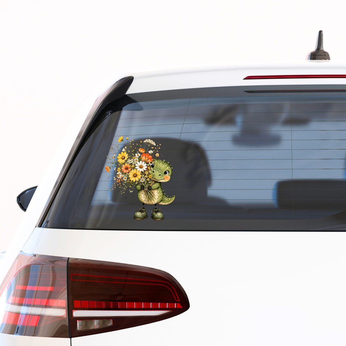 Baby Crocodile Holding Flower Bouquet UV DTF sticker applied to the rear window of a white car