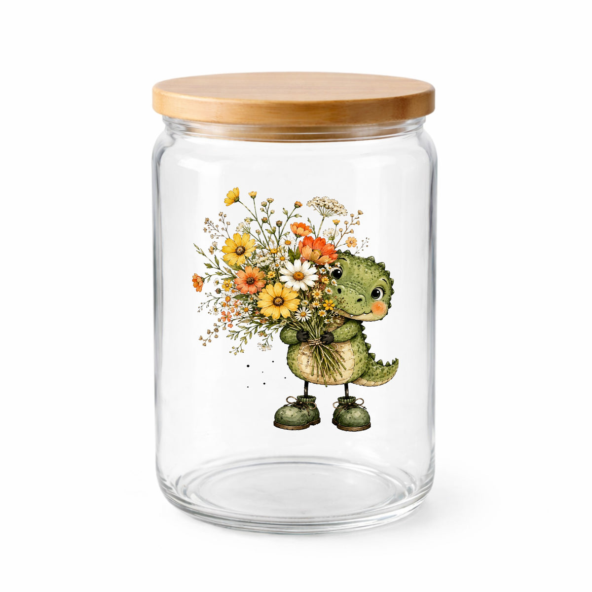 Baby Crocodile Holding Flower Bouquet UV DTF sticker applied to a clear glass jar with a wooden lid