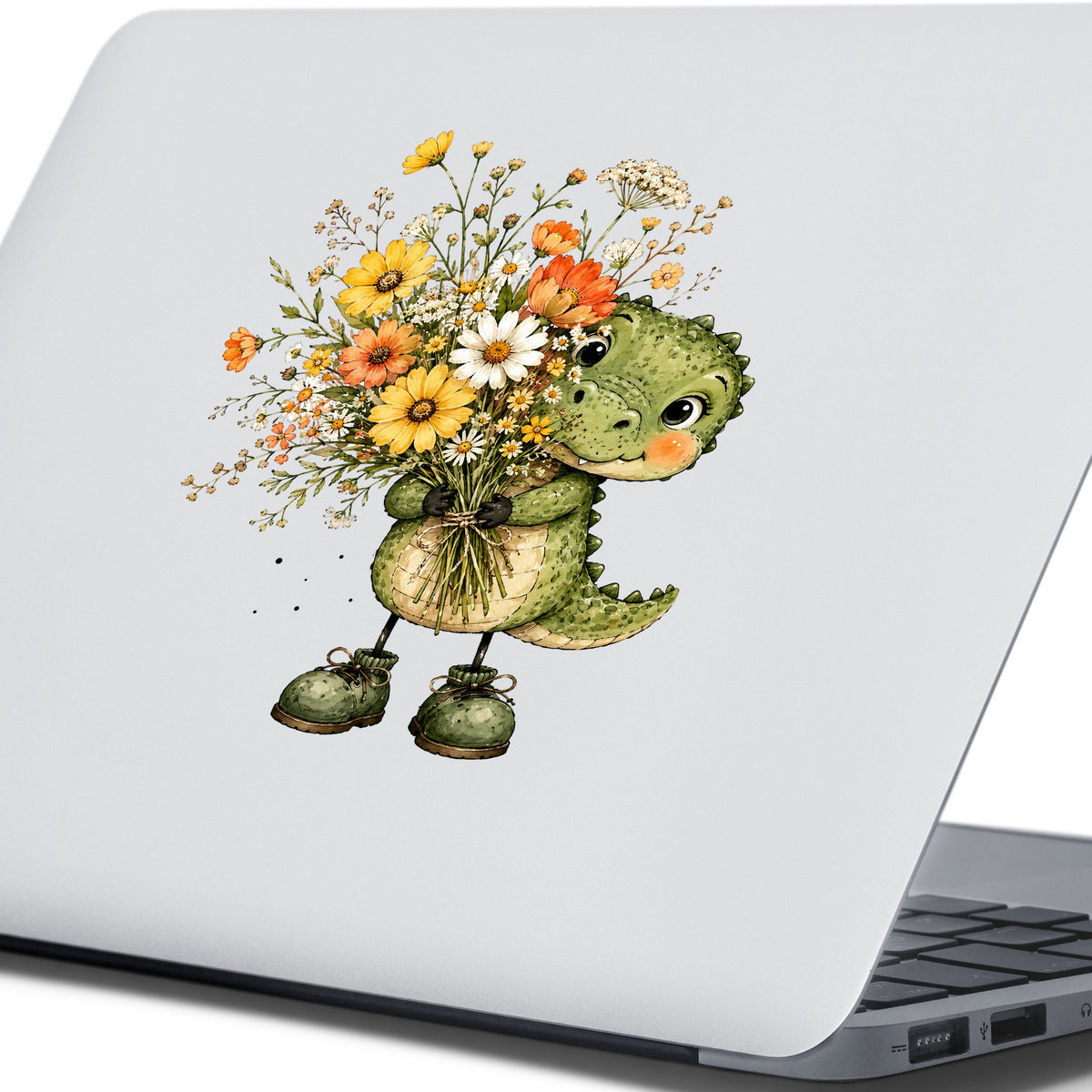Baby Crocodile Holding Flower Bouquet UV DTF sticker applied to the lid of a silver laptop