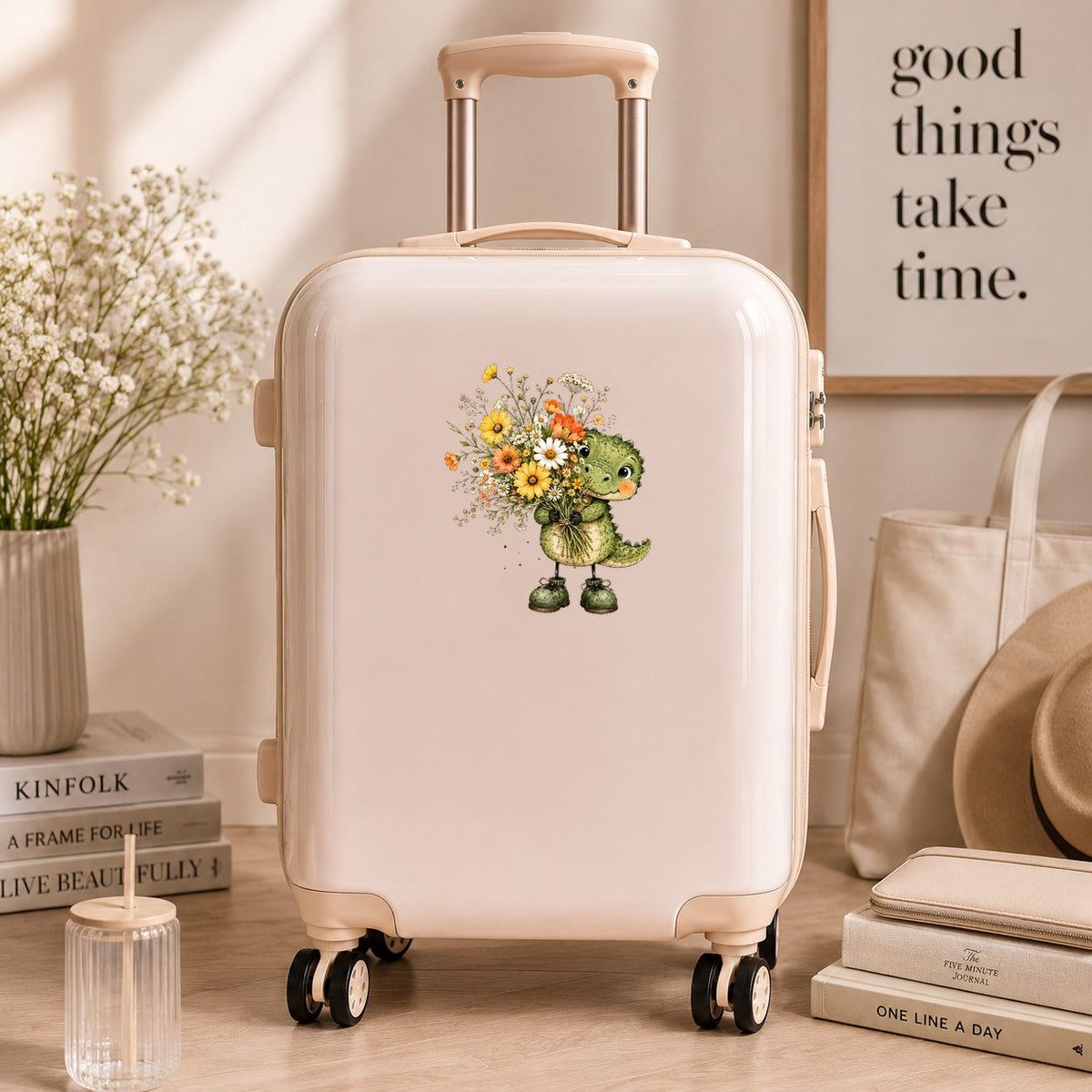 Baby Crocodile Holding Flower Bouquet UV DTF sticker applied to a cream carry-on suitcase