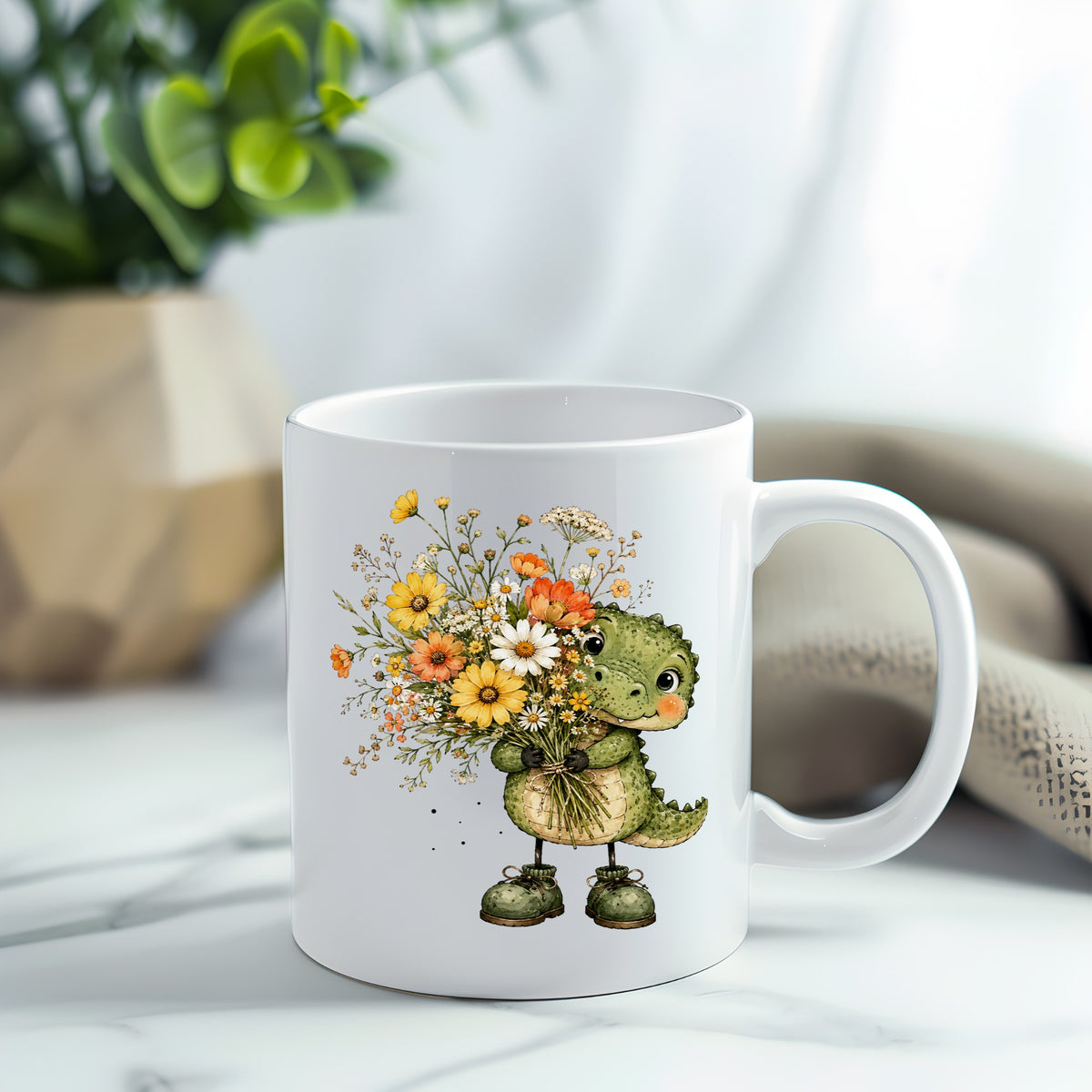 Baby Crocodile Holding Flower Bouquet UV DTF sticker applied to a white coffee mug