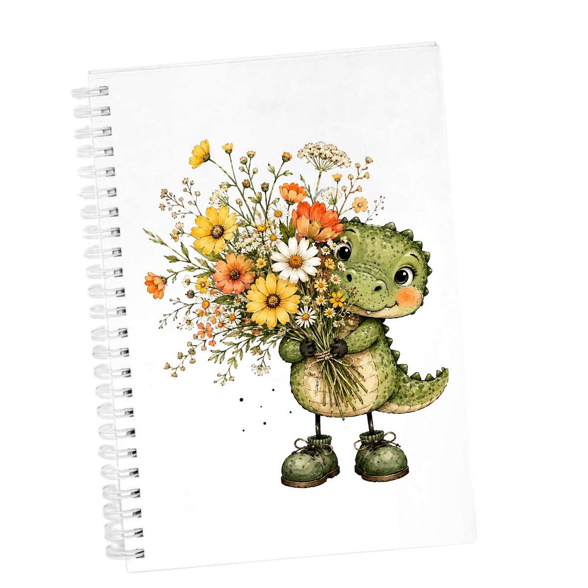 Baby Crocodile Holding Flower Bouquet UV DTF sticker applied to the cover of a white spiral journal