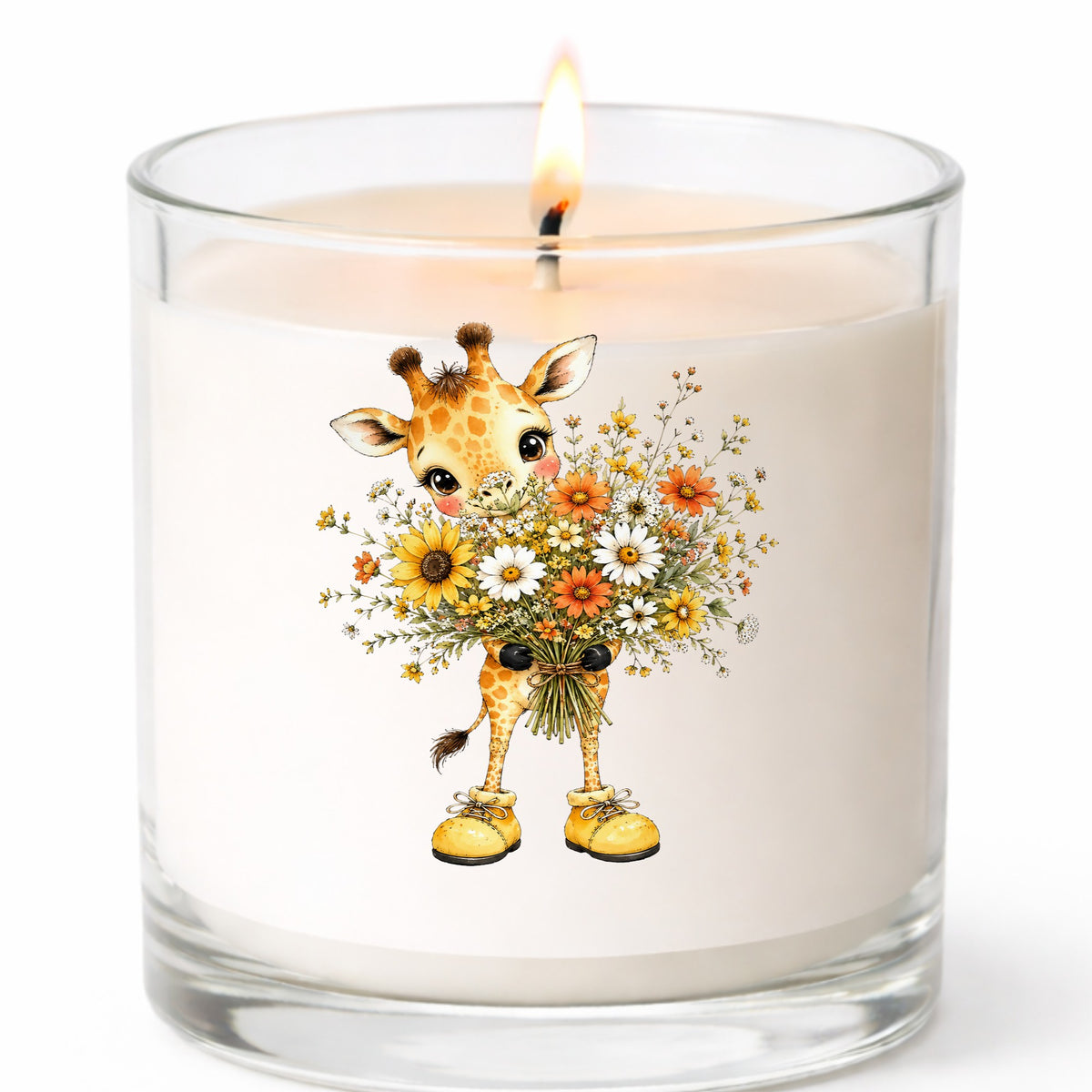Giraffe Holding Sunflower Bouquet UV DTF sticker applied to a white candle in a clear glass jar