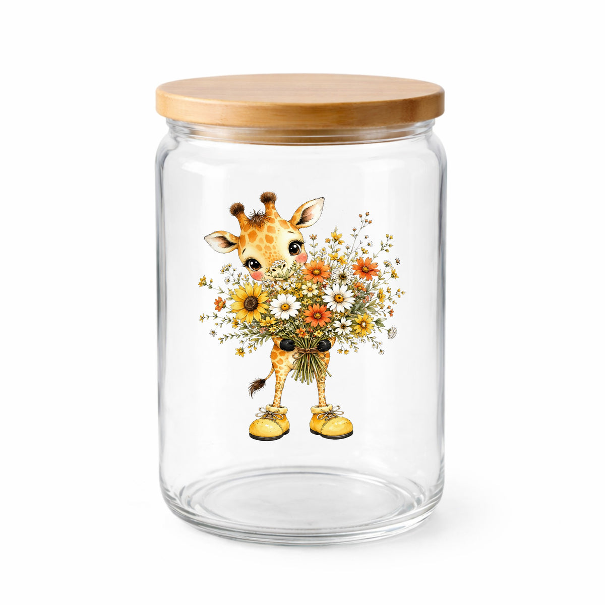 Giraffe Holding Sunflower Bouquet UV DTF sticker applied to a clear glass jar with a wooden lid