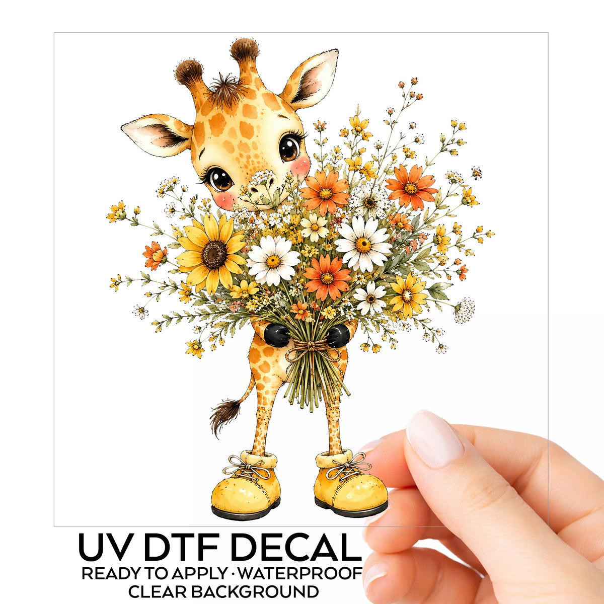 Giraffe Holding Sunflower Bouquet UV DTF sticker on its backing card, held in hand