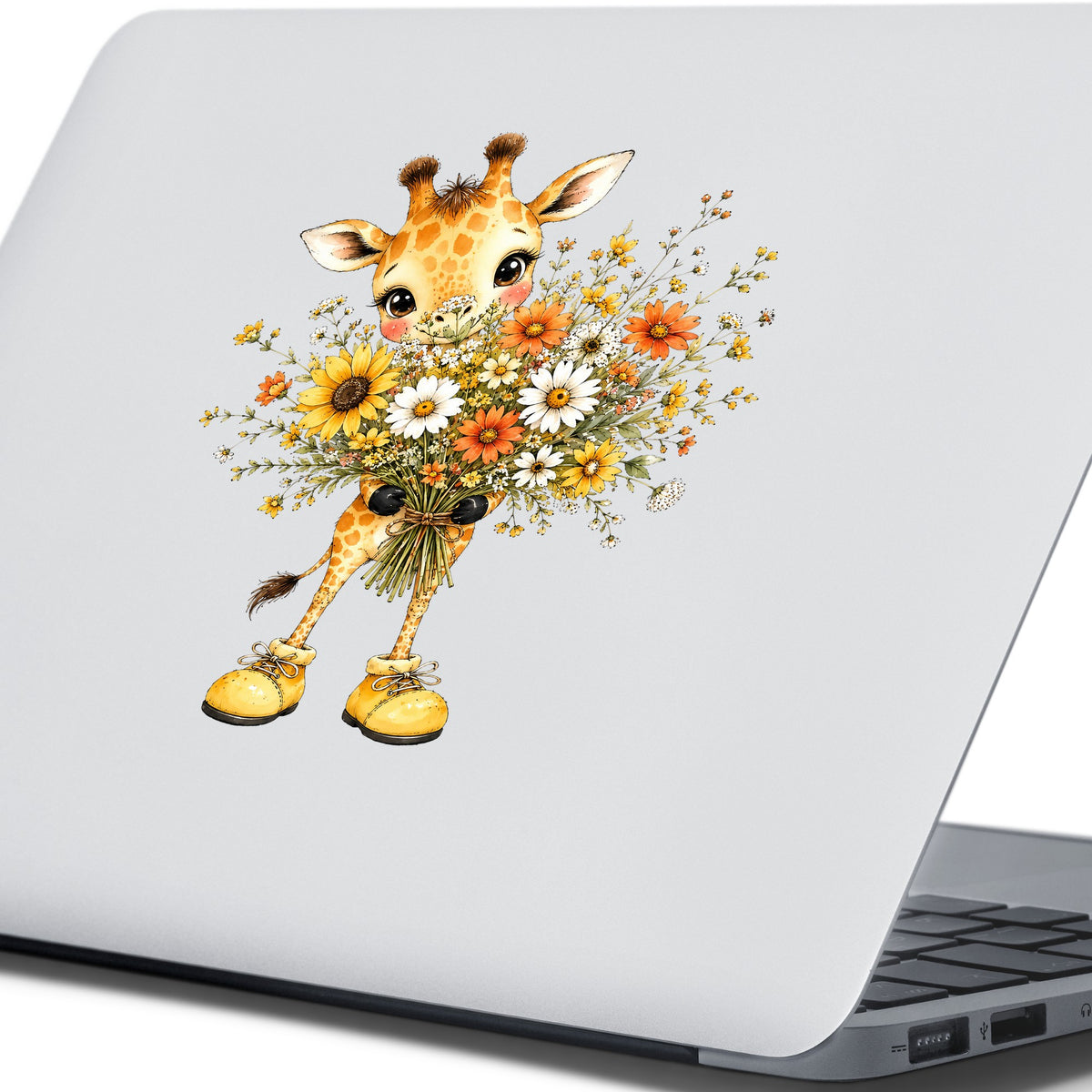Giraffe Holding Sunflower Bouquet UV DTF sticker applied to the lid of a silver laptop