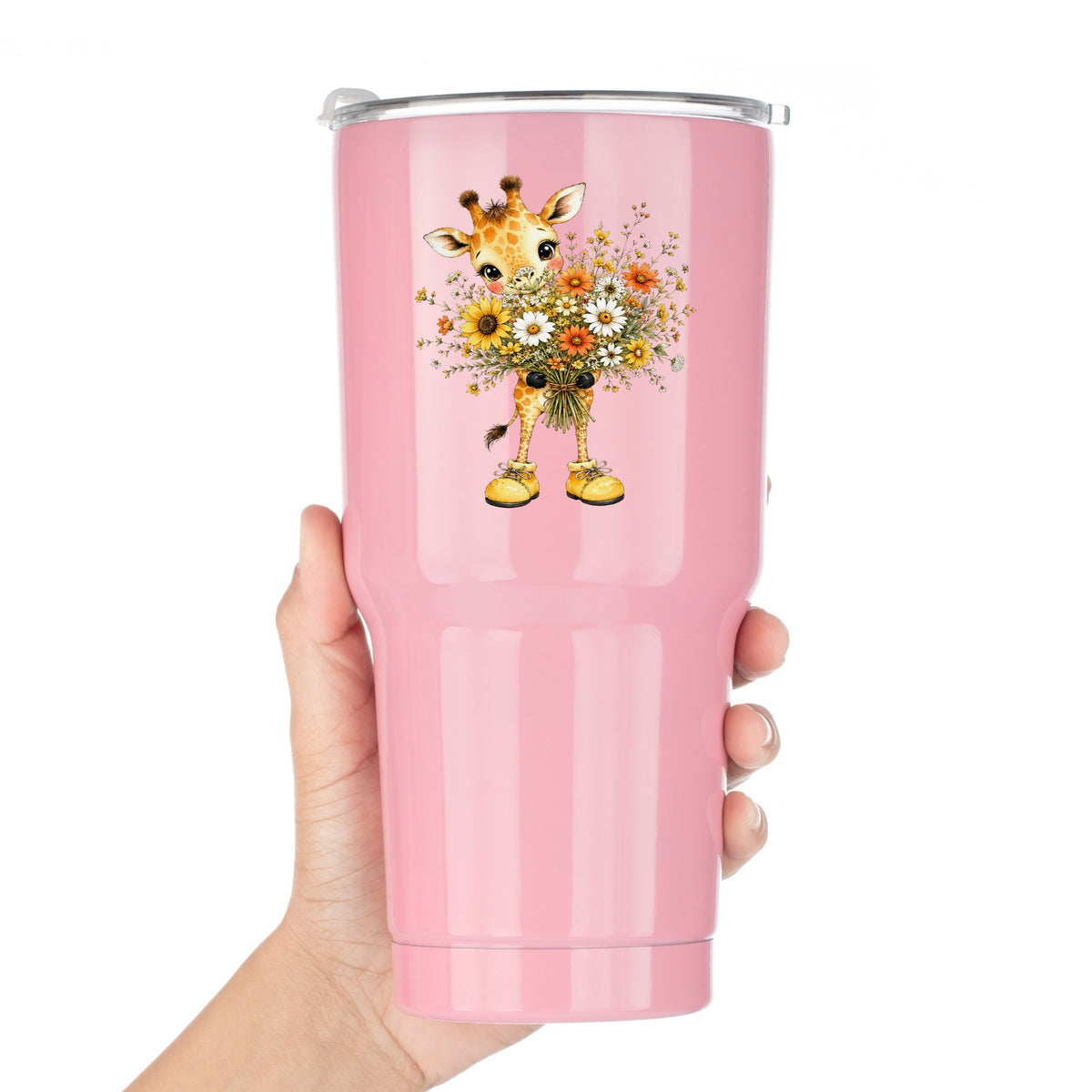 Giraffe Holding Sunflower Bouquet UV DTF sticker applied to a pink tumbler held against a white background
