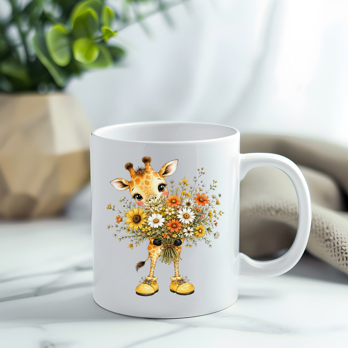 Giraffe Holding Sunflower Bouquet UV DTF sticker applied to a white coffee mug