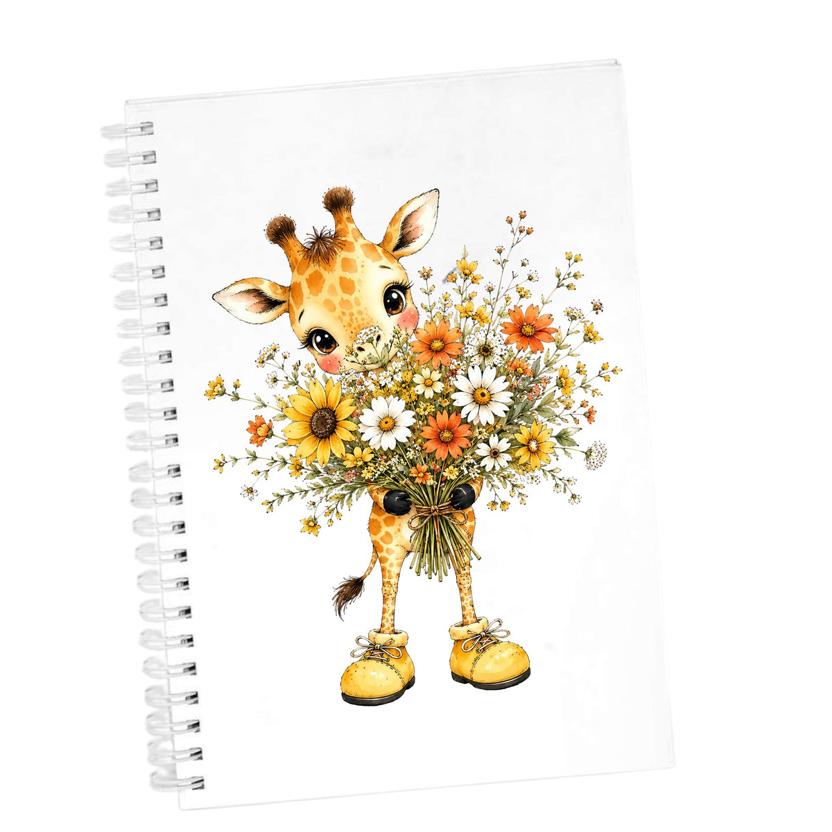 Giraffe Holding Sunflower Bouquet UV DTF sticker applied to the cover of a white spiral journal