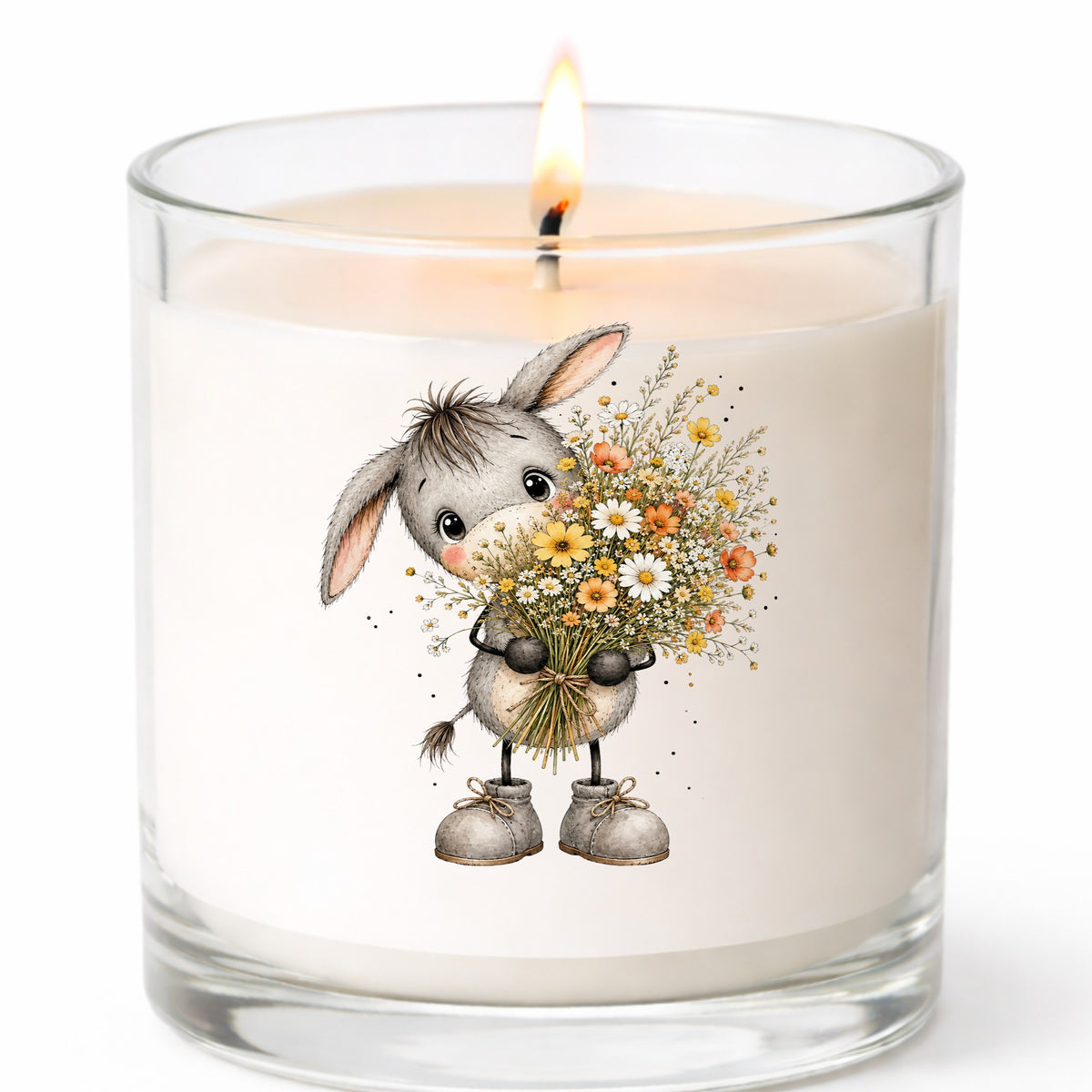 Baby Donkey Holding Wildflower Bouquet UV DTF sticker applied to a white candle in a clear glass jar