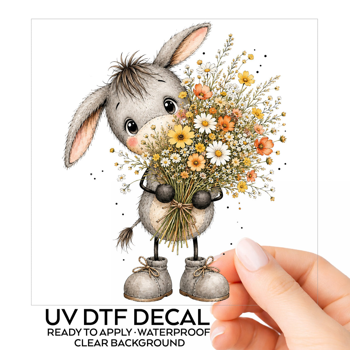 Baby Donkey Holding Wildflower Bouquet UV DTF sticker on its backing card, held in hand