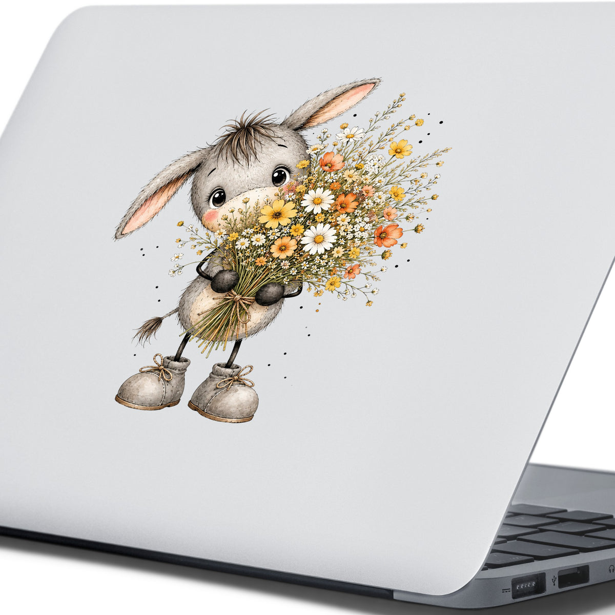 Baby Donkey Holding Wildflower Bouquet UV DTF sticker applied to the lid of a silver laptop