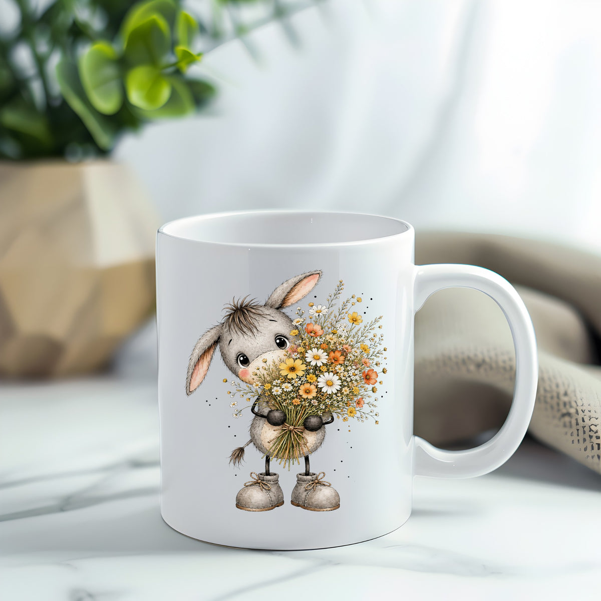 Baby Donkey Holding Wildflower Bouquet UV DTF sticker applied to a white coffee mug