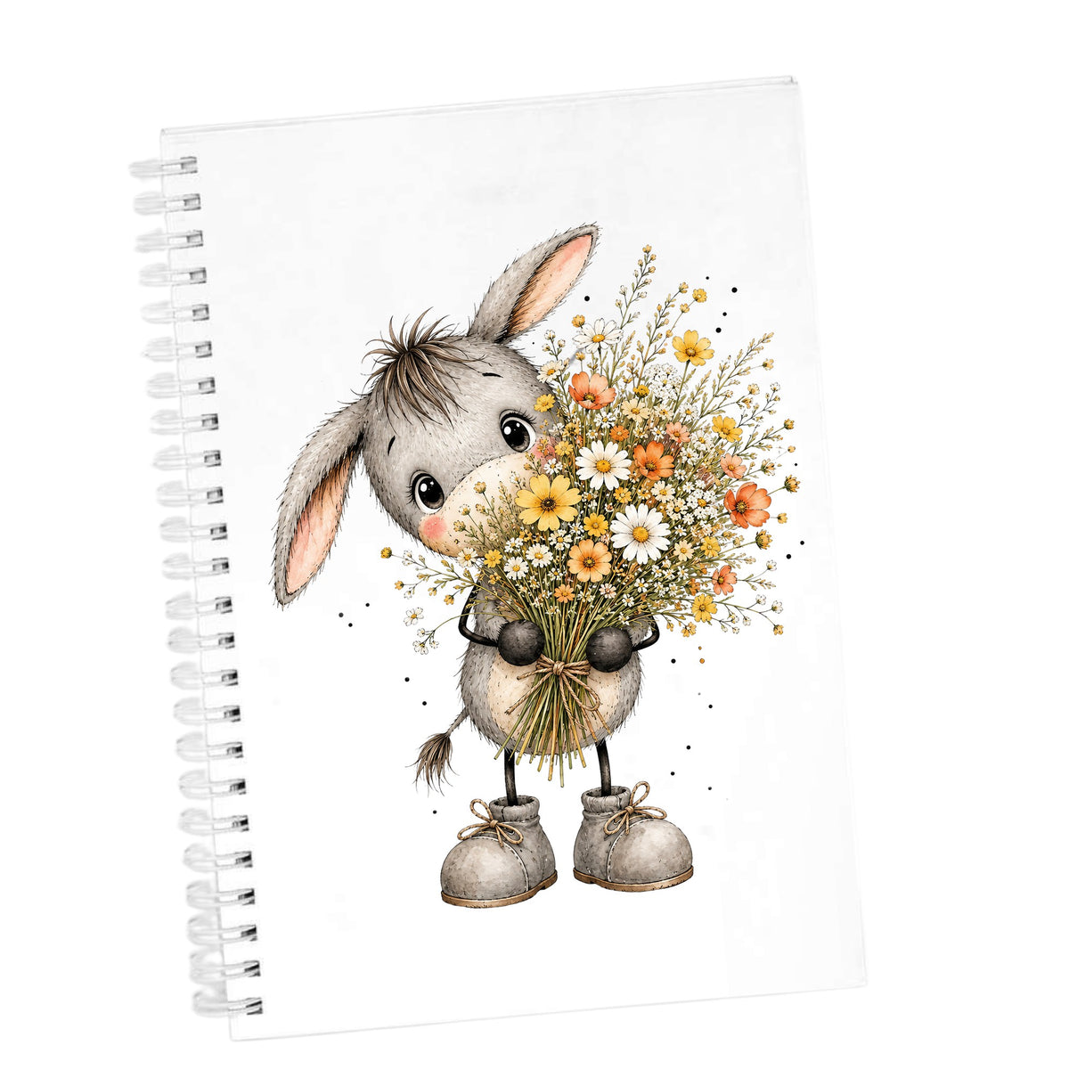 Baby Donkey Holding Wildflower Bouquet UV DTF sticker applied to the cover of a white spiral journal