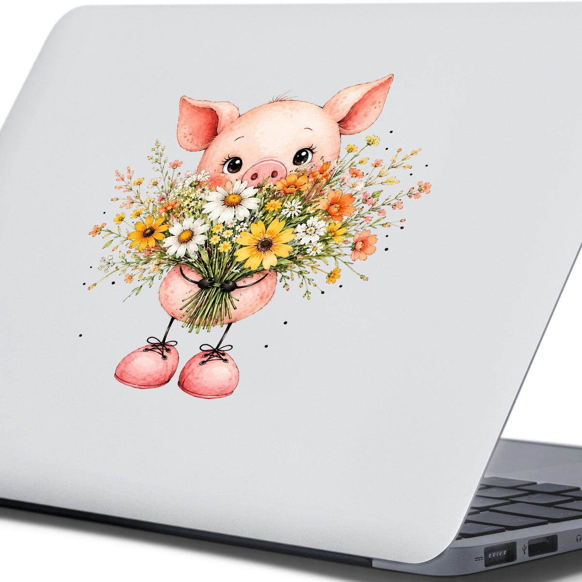 Pink Pig Holding Wildflower Bouquet UV DTF sticker applied to the lid of a silver laptop
