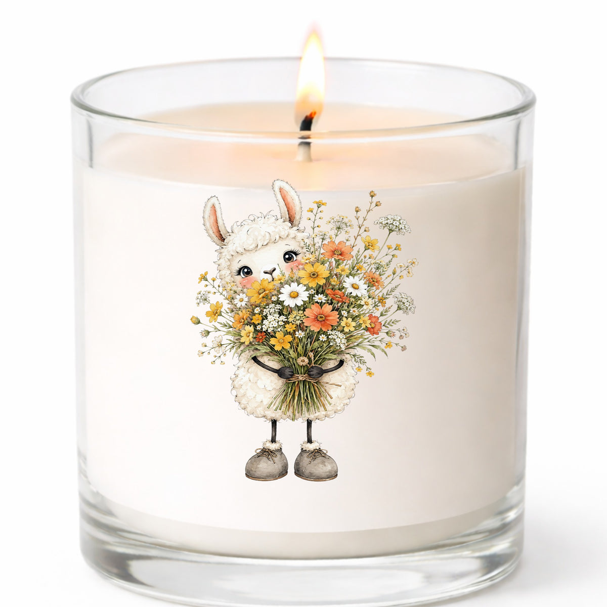 White Llama Holding Daisy Bouquet UV DTF sticker applied to a white candle in a clear glass jar