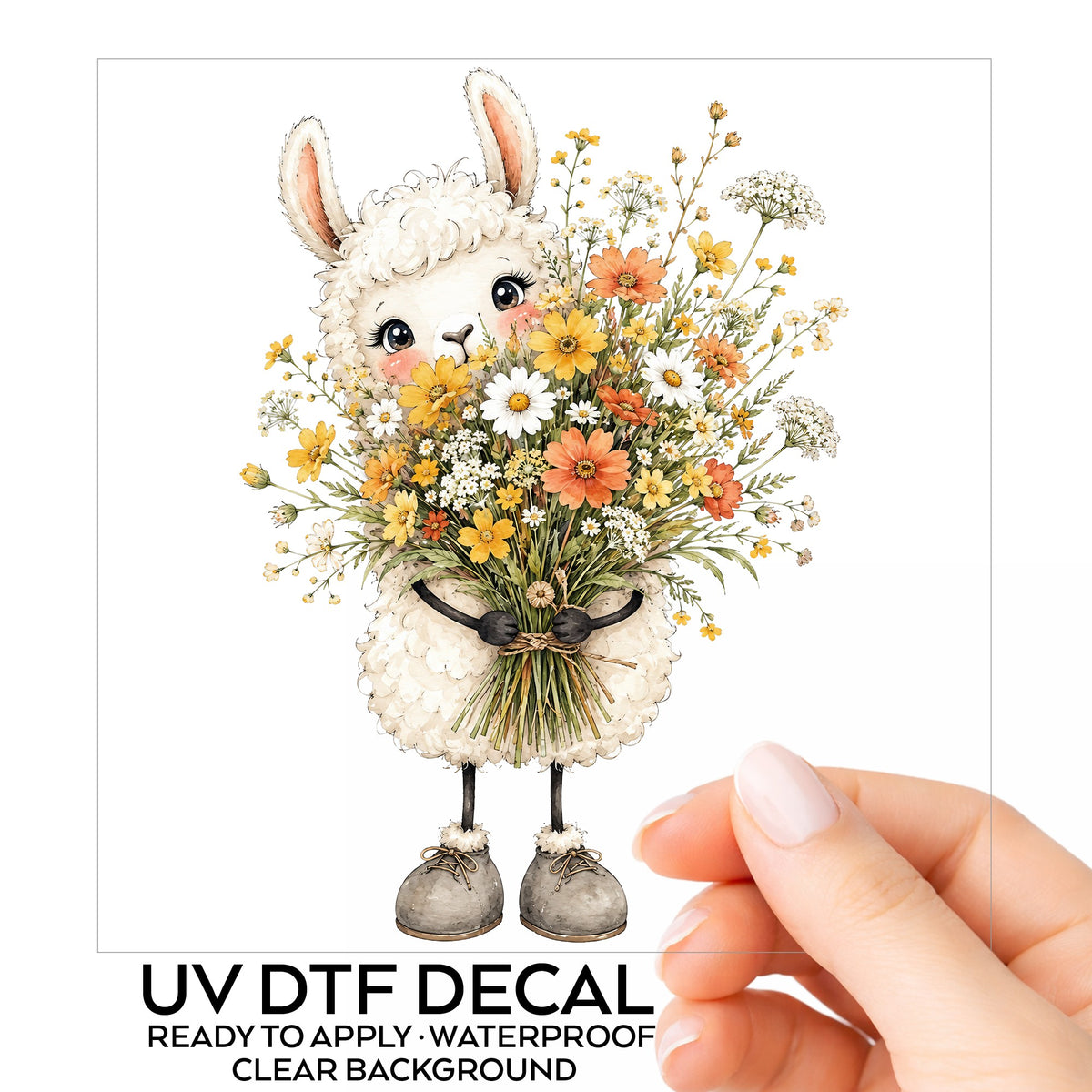 White Llama Holding Daisy Bouquet UV DTF sticker on its backing card, held in hand