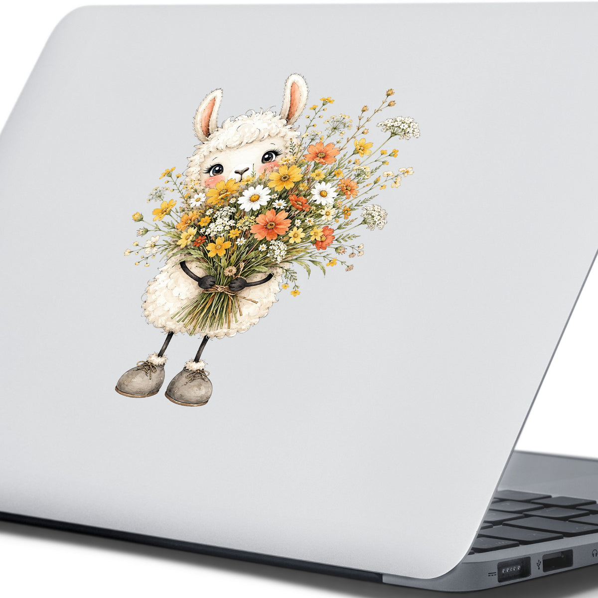 White Llama Holding Daisy Bouquet UV DTF sticker applied to the lid of a silver laptop